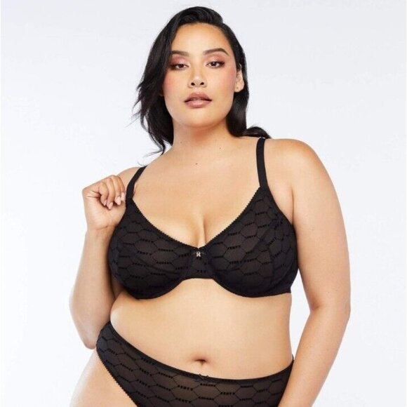 Savage X Fenty Womens 34B Curvy Flocked Logo Unlined Bra DG4 Black Caviar NWT - Picture 3 of 8